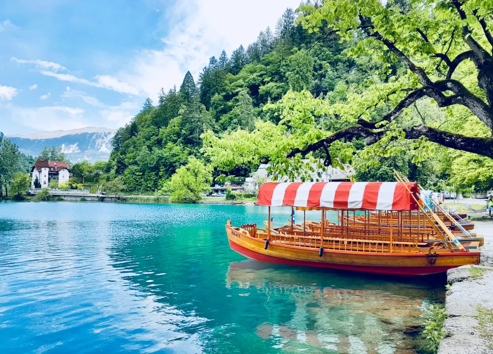 Traditional pletna boat on the lake